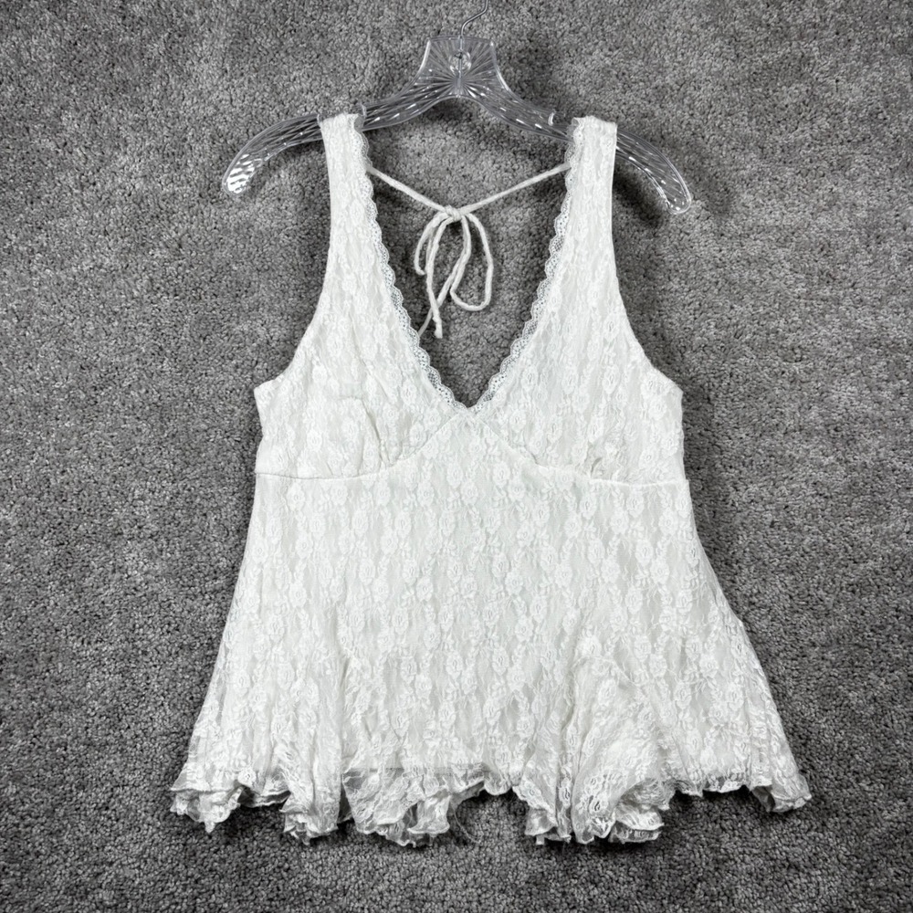 No Boundaries White Lace Babydoll Tank Top V-Neck Smocked Back Size L 12-14